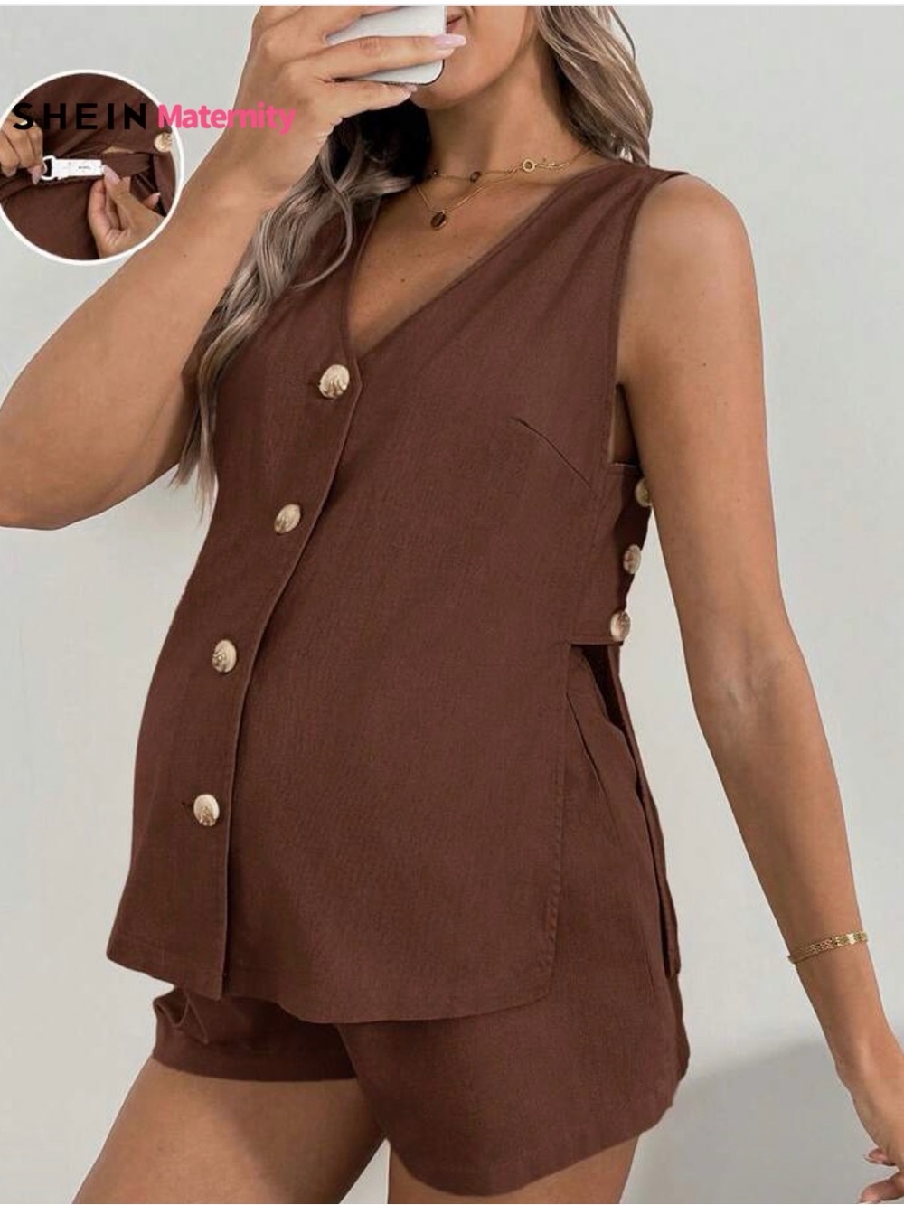SHEIN Brown Maternity Sleeveless Button Front Two-Piece Set